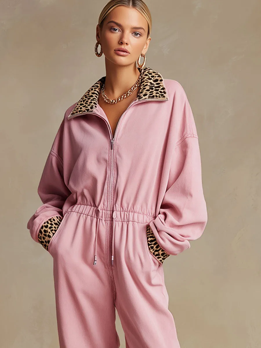 Casual Sporty Retro Pink Cotton Long-Sleeved Leopard Print Jumpsuit sold by Oyrosy product image thumbnail 4