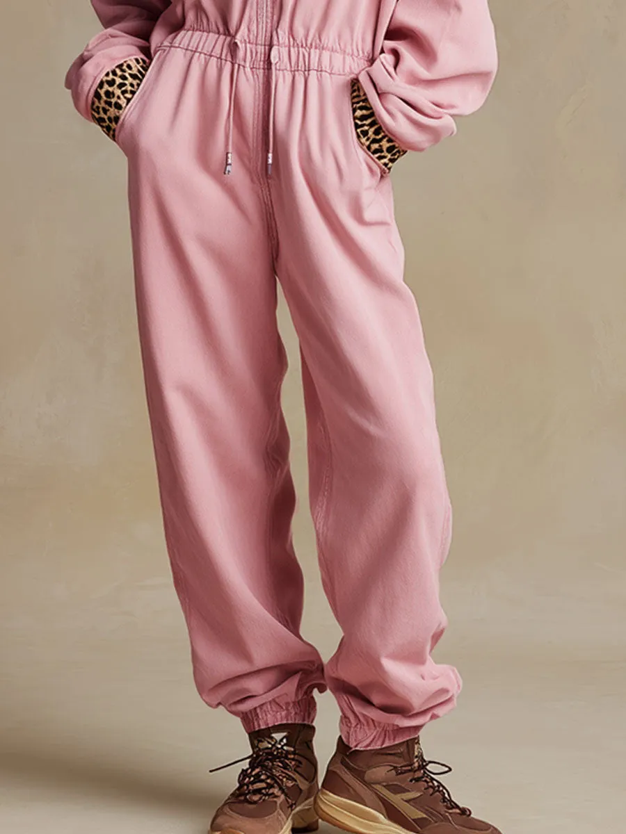 Casual Sporty Retro Pink Cotton Long-Sleeved Leopard Print Jumpsuit sold by Oyrosy product image thumbnail 3