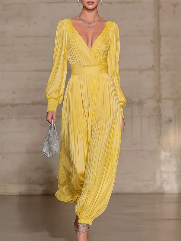 Yellow Pleated Chiffon V-neck Long-sleeved Jumpsuit made by Oyrosy