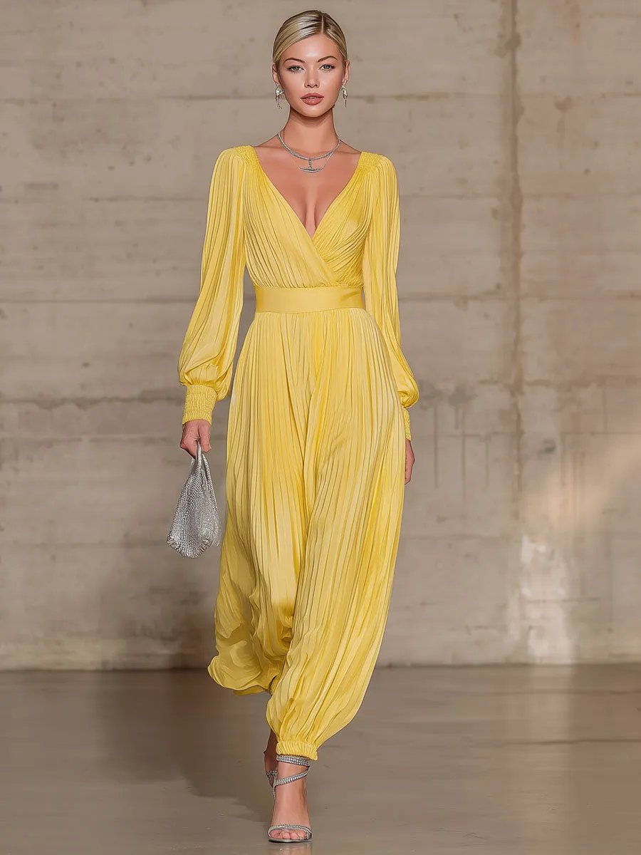 Yellow Pleated Chiffon V-neck Long-sleeved Jumpsuit sold by Oyrosy product image thumbnail 4