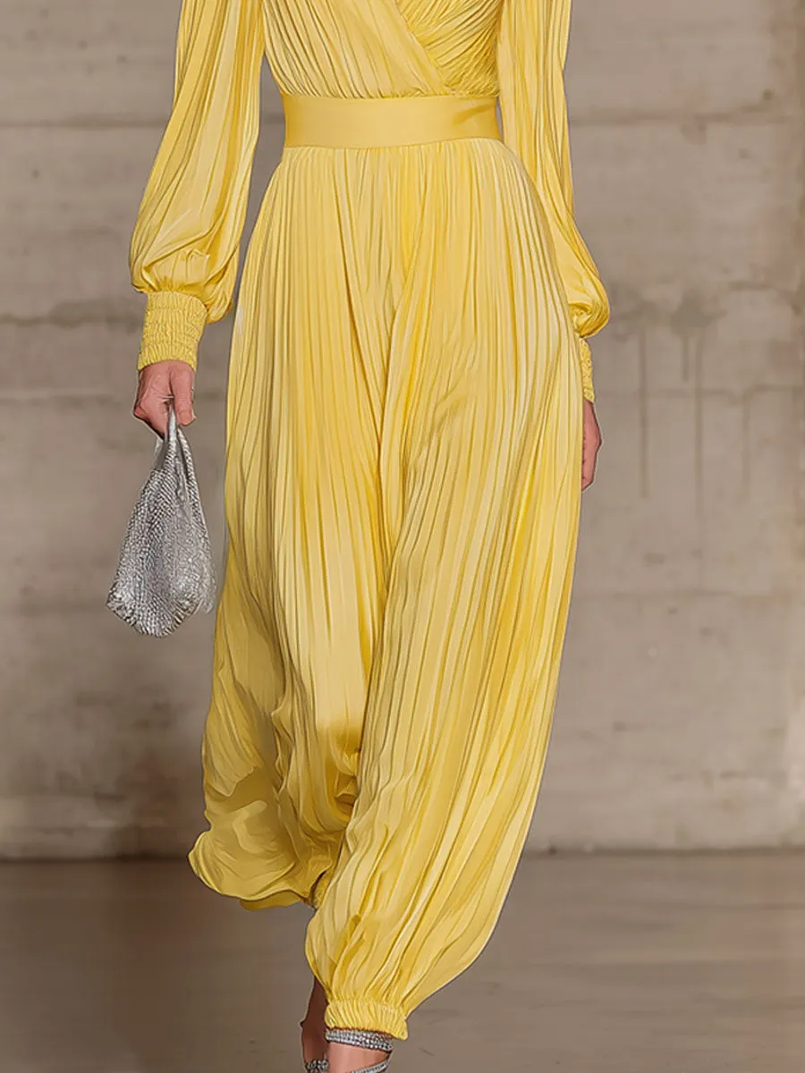 Yellow Pleated Chiffon V-neck Long-sleeved Jumpsuit sold by Oyrosy product image thumbnail 3
