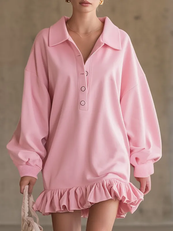 Loose-fitting Pink Long-sleeved Sporty Mini Dress sold by Oyrosy