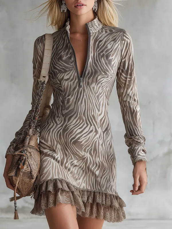 Stylish Retro Lace-trimmed Khaki Zebra Print Faux Suede Mini Dress sold by Oyrosy
