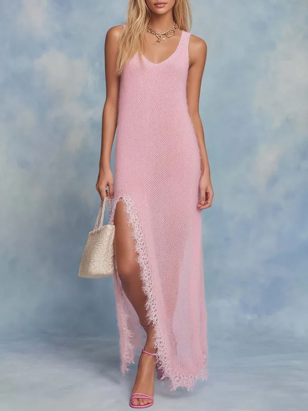 Elegant Comfortable Vintage Sleeveless Slits Lace Trim Light Pink Lightweight Knitted Maxi Dress sold by Oyrosy
