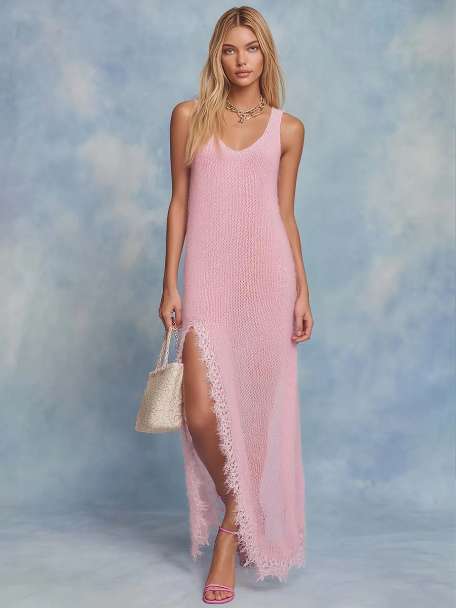 Elegant Comfortable Vintage Sleeveless Slits Lace Trim Light Pink Lightweight Knitted Maxi Dress sold by Oyrosy product image thumbnail 2