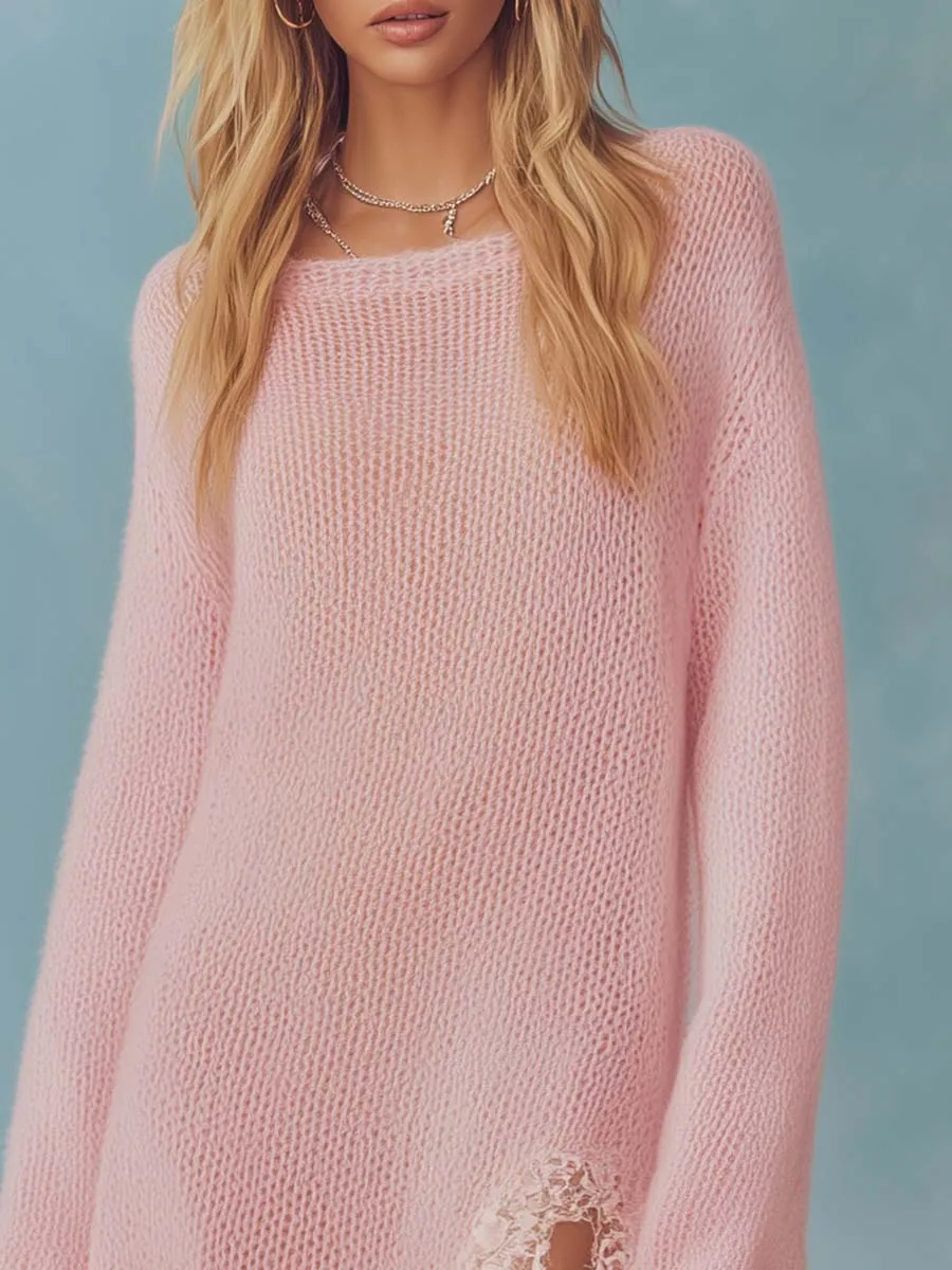 Retro Comfortable Lazy Round Neck Slit Detail Lace Trim Light Pink Lightweight Knitted Maxi Dress sold by Oyrosy product image thumbnail 3
