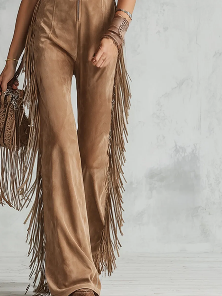 Retro Western-style Light Brown Faux Suede Fringes Jumpsuit sold by Oyrosy product image thumbnail 4
