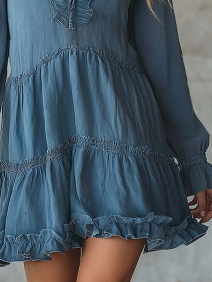 Stylish And Sweet V-neck Blue Denim Mini Dress sold by Oyrosy product image thumbnail 4