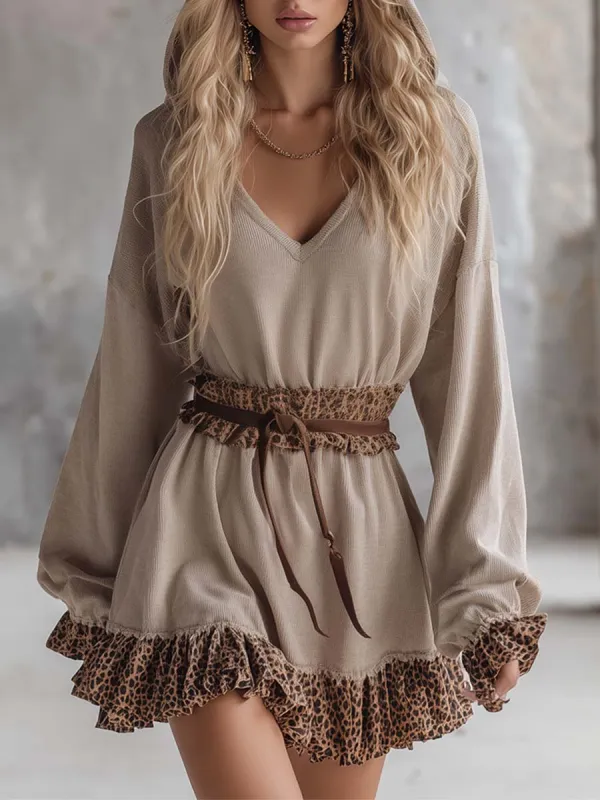 Stylish Leopard Print Trim Beige Thin Knit Hooded Sporty Mini Dress sold by Oyrosy