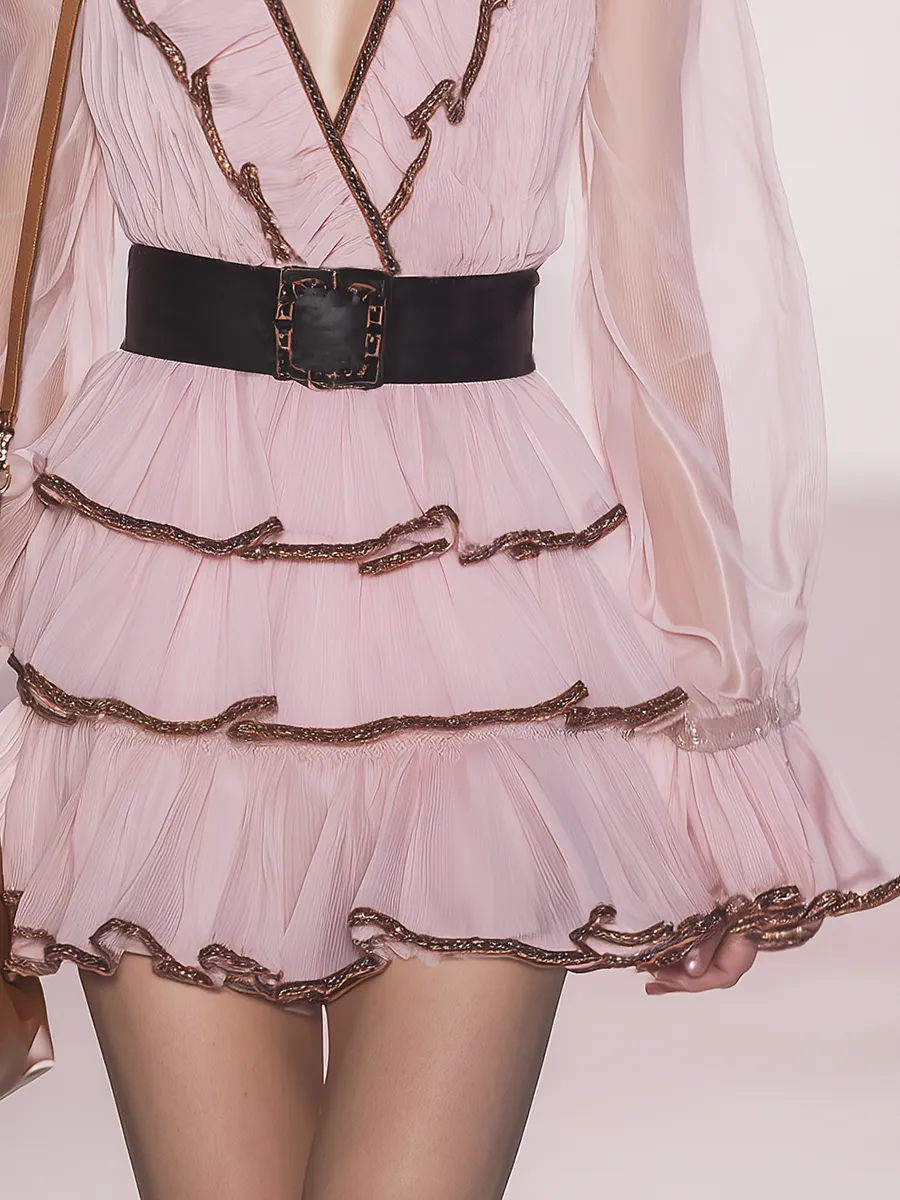 Elegant And Romantic Brown-trimmed V-neck Ruffled Pink Chiffon Mini Dress sold by Oyrosy product image thumbnail 4