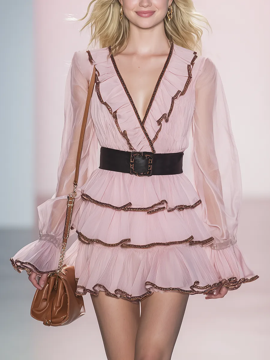Elegant And Romantic Brown-trimmed V-neck Ruffled Pink Chiffon Mini Dress sold by Oyrosy