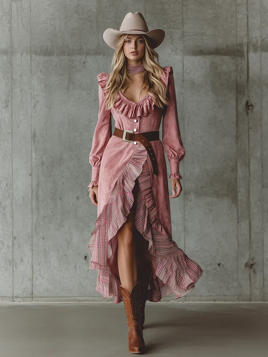 Western-style Ruffled Hem And Floral Print Pink Faux Suede Maxi Dress sold by Oyrosy product image thumbnail 2