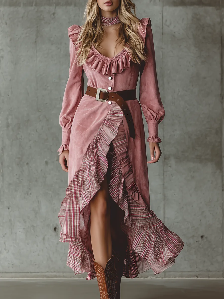 Western-style Ruffled Hem And Floral Print Pink Faux Suede Maxi Dress sold by Oyrosy