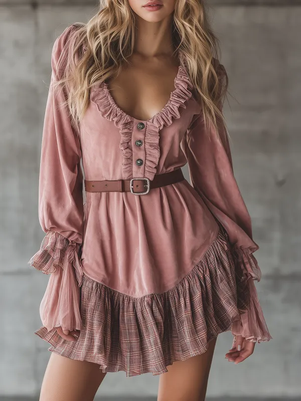 Western-style Ruffled Neckline Checkered Chiffon Hem Pink Faux Suede Mini Dress sold by Oyrosy