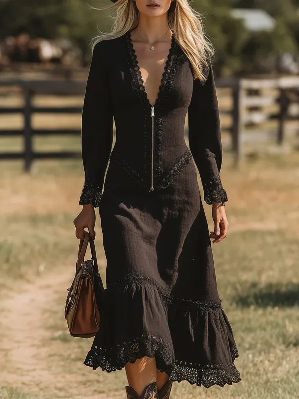 Western-style Black Linen Midi Dress With Lace Patchwork sold by Oyrosy