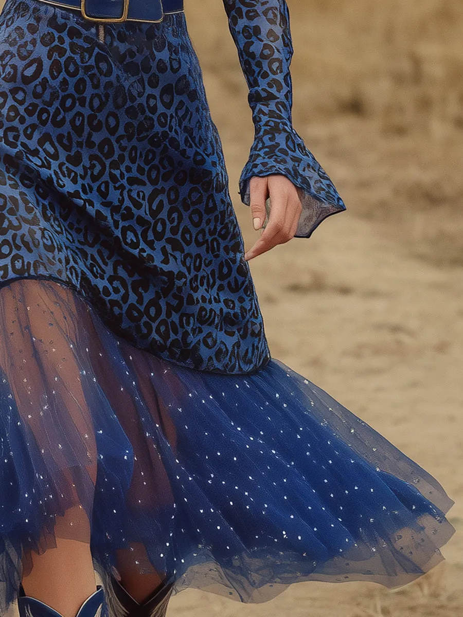 Western-style Blue Leopard Print Chiffon With A Half-zip Closure Midi Dress sold by Oyrosy product image thumbnail 4