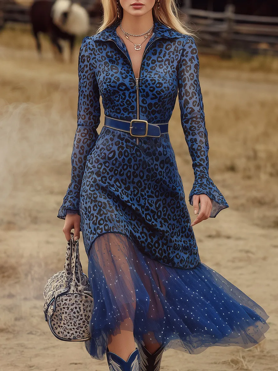 Western-style Blue Leopard Print Chiffon With A Half-zip Closure Midi Dress sold by Oyrosy