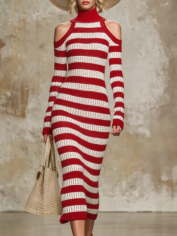 Stylish Knitted Red And White Striped Off-the-shoulder Maxi Dress sold by Oyrosy
