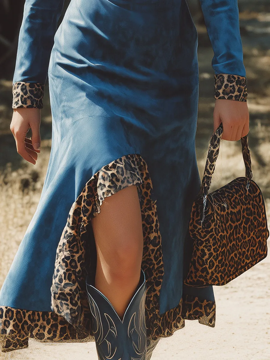 Western-style Blue Faux Suede And Leopard Print Patchwork Midi Dress sold by Oyrosy product image thumbnail 3