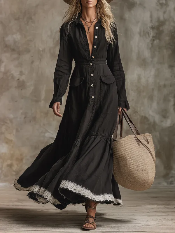 Western-style Black Linen  With Button Closure And Lace Detailing Maxi Dress sold by Oyrosy
