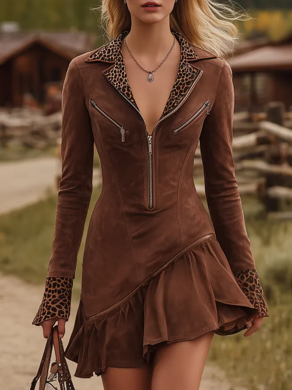 Western-style Faux Suede Patchwork Leopard Print With Half-zip Closure Mini Dress sold by Oyrosy