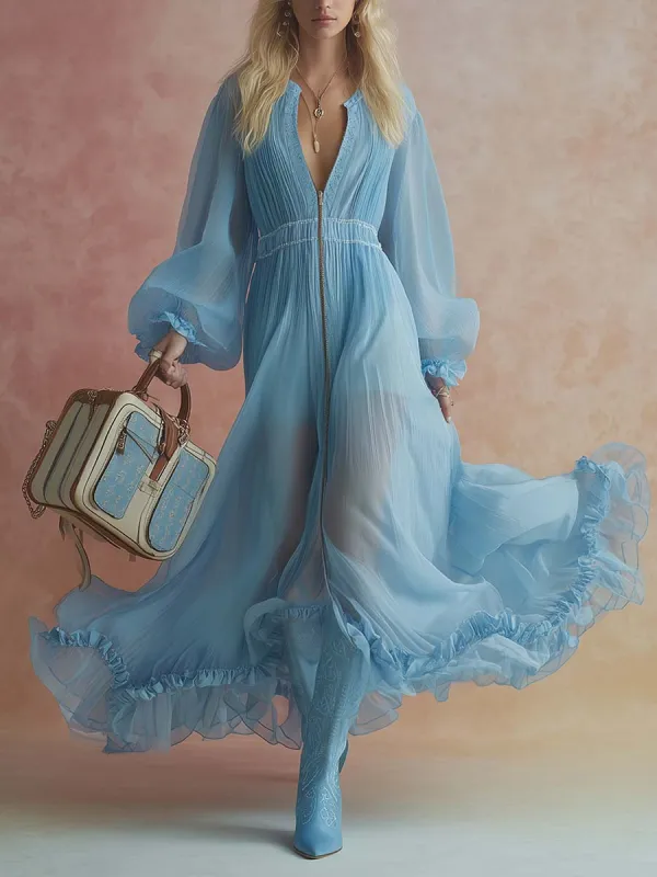 Elegant Fashion Flowing V-neck Front Zipper Ruffled Hem Sky Blue Chiffon Maxi Dress sold by Oyrosy