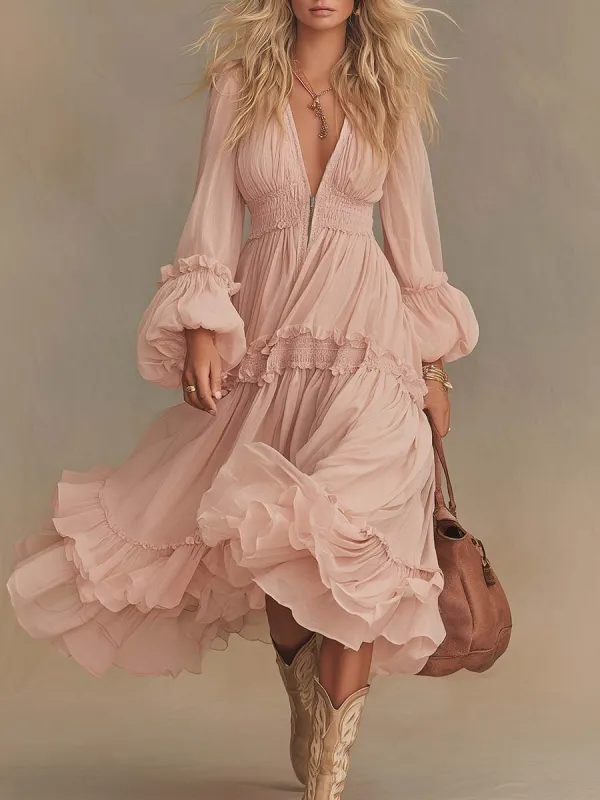 Elegant Flowing Western V-neck Front Zipper Puff Hem Lantern Sleeves Light Pink Chiffon Midi Dress made by Oyrosy