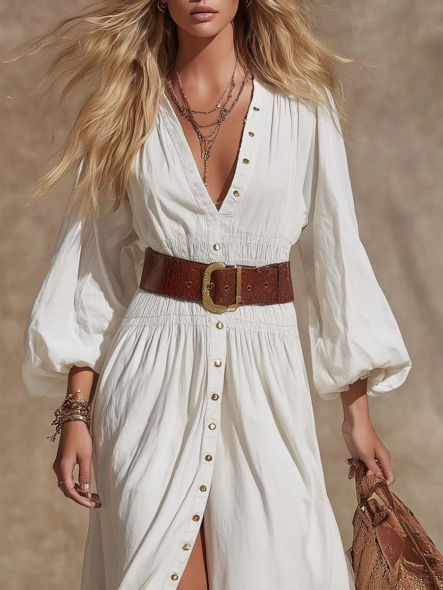 Vintage Western Comfort V-neck Front Button Lantern Sleeve White Denim Slit Maxi Dress sold by Oyrosy product image thumbnail 3