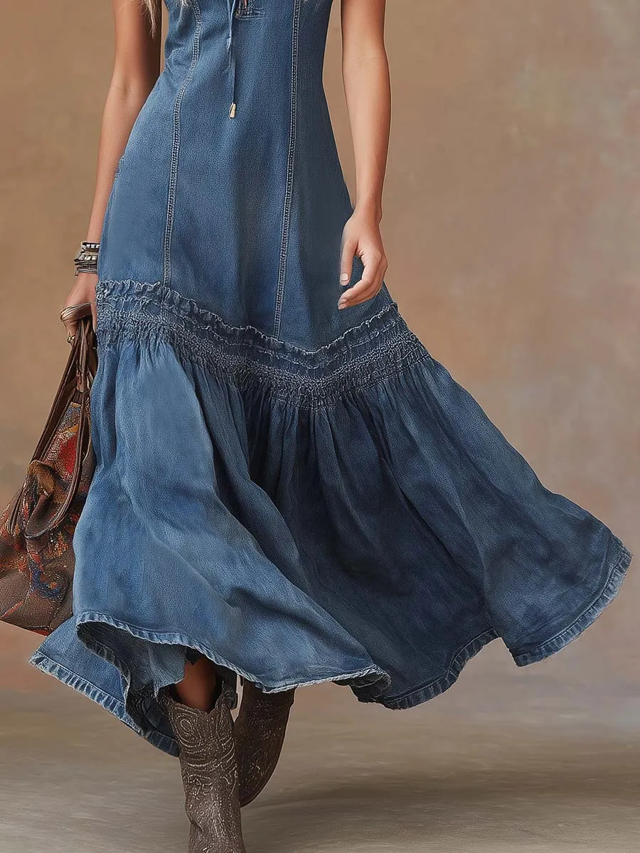 Elegant Vintage Western Tie-neck Sleeveless Bubble Hem Blue Denim Maxi Dress sold by Oyrosy product image thumbnail 4