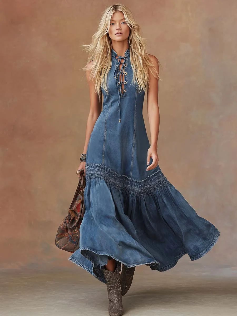 Elegant Vintage Western Tie-neck Sleeveless Bubble Hem Blue Denim Maxi Dress sold by Oyrosy product image thumbnail 2