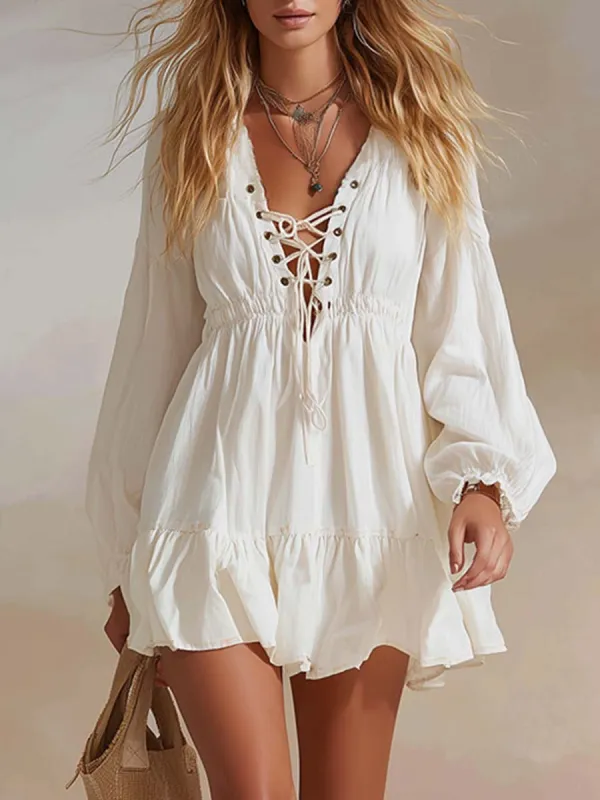 Western Vintage Tie-up V-neck Bubble Hem White Denim Mini Dress sold by Oyrosy