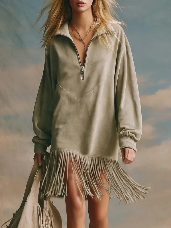 Vintage Fashion Western Lapel Front Zipper Tassel Hem Sage Green Suede Sports Mini Dress sold by Oyrosy