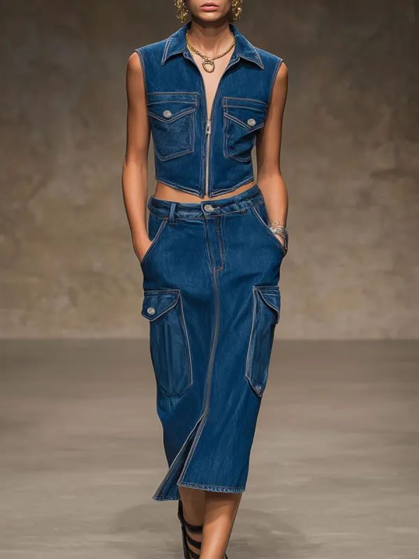 Casual Retro Dark Blue Denim Vest And Workwear Skirt Set made by Oyrosy