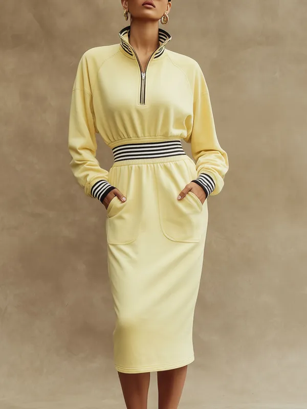 Sporty Retro Striped Ribbed Light Yellow Half-zip Long-sleeved Midi Dress sold by Oyrosy