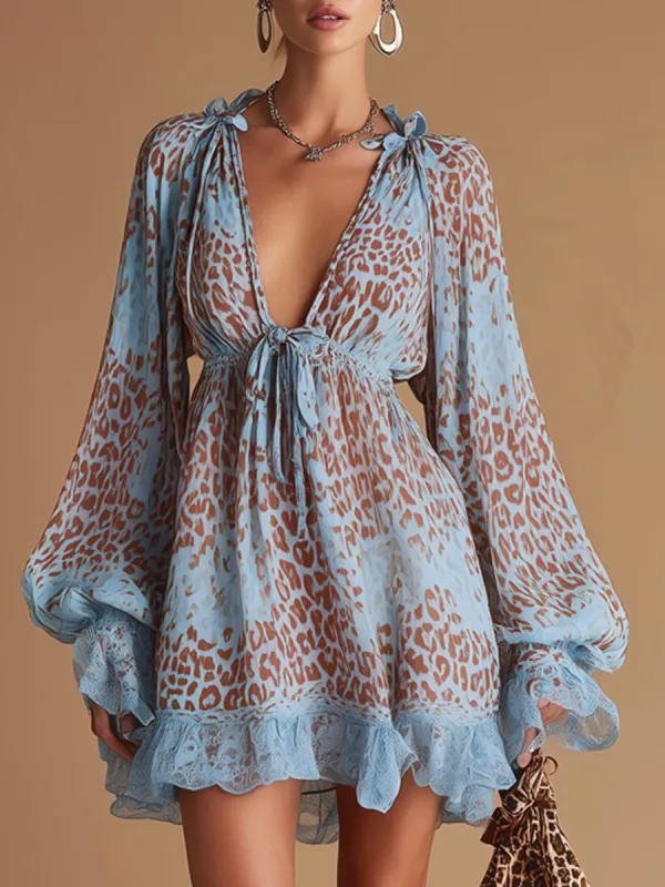 Vacation Retro Light Blue Chiffon Leopard Print Lace Trim Mini Dress sold by Oyrosy