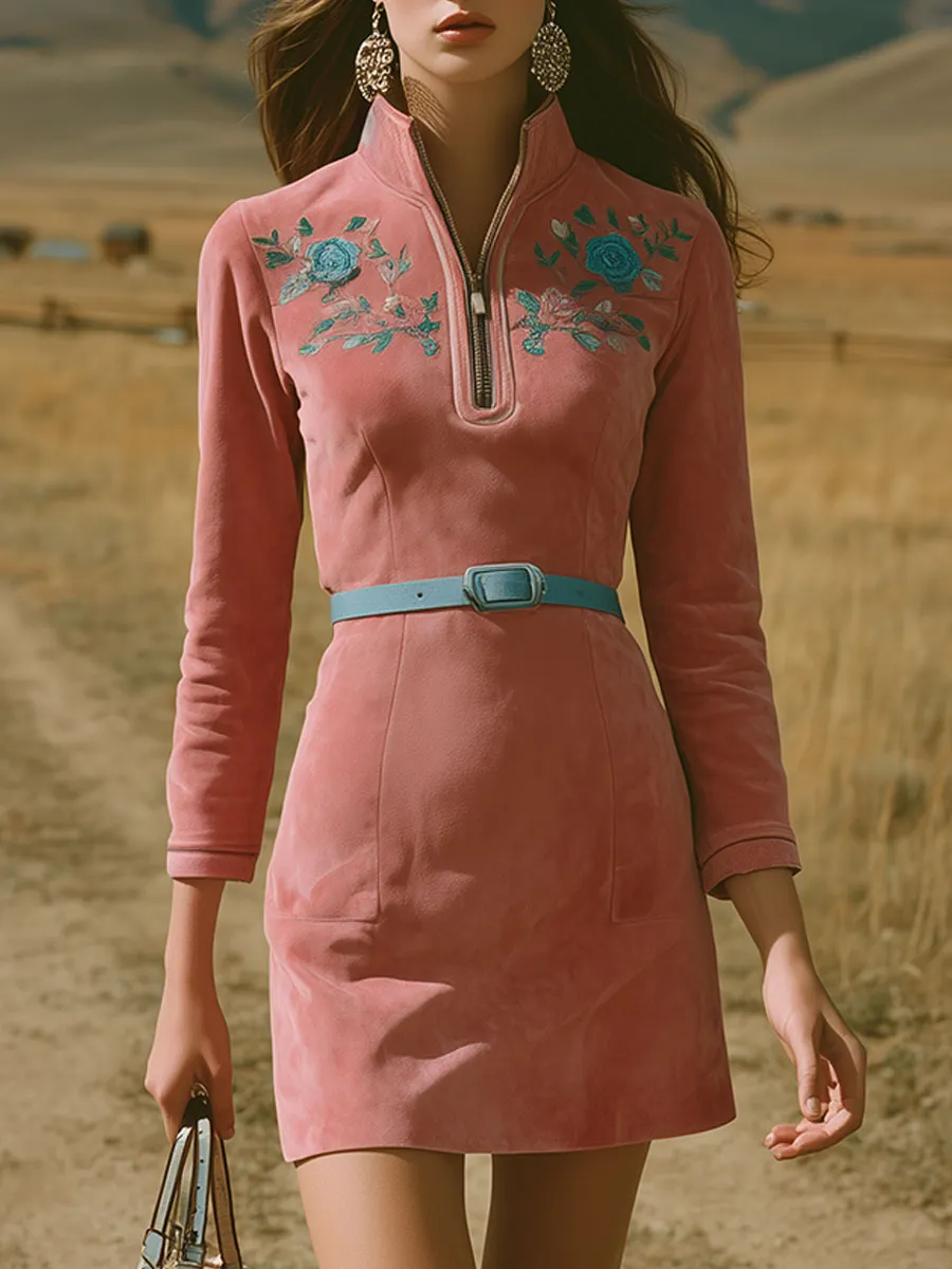 Western-style Vintage Embroidered Pink Faux Suede Mini Dress sold by Oyrosy