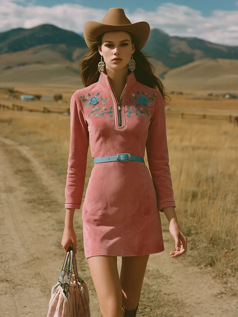 Western-style Vintage Embroidered Pink Faux Suede Mini Dress sold by Oyrosy product image thumbnail 2
