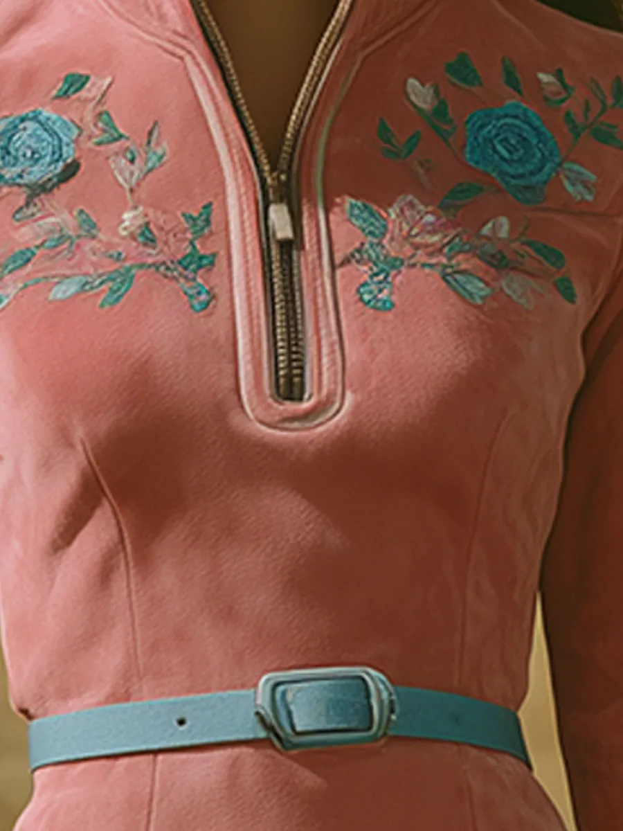 Western-style Vintage Embroidered Pink Faux Suede Mini Dress sold by Oyrosy product image thumbnail 3