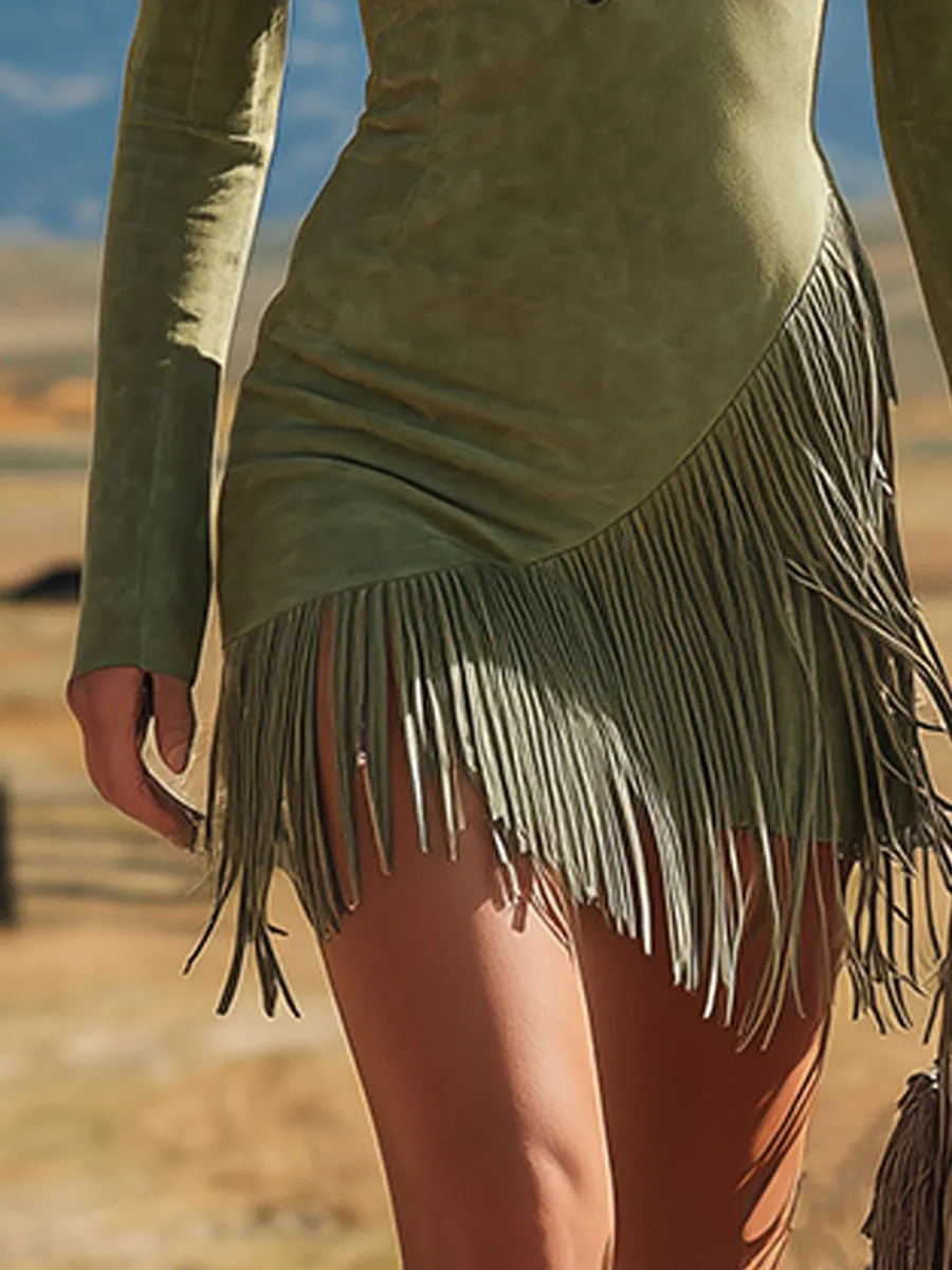Western-style Vintage Fringed Green Faux Suede Mini Dress sold by Oyrosy product image thumbnail 4