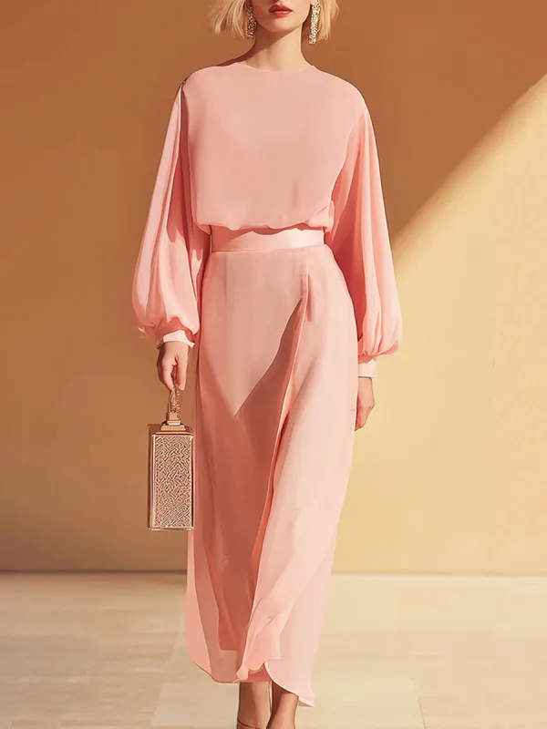 Elegant And Loose-fitting Pink Chiffon Top And Skirt Set sold by Oyrosy