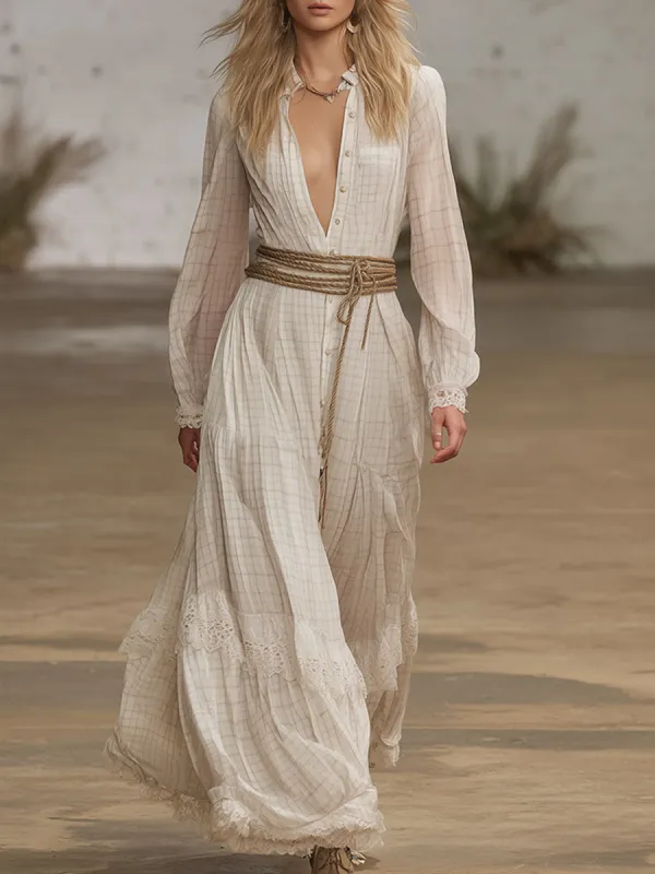 Vintage Bohemian Style Off-white Checkered Print Chiffon Maxi Dress sold by Oyrosy