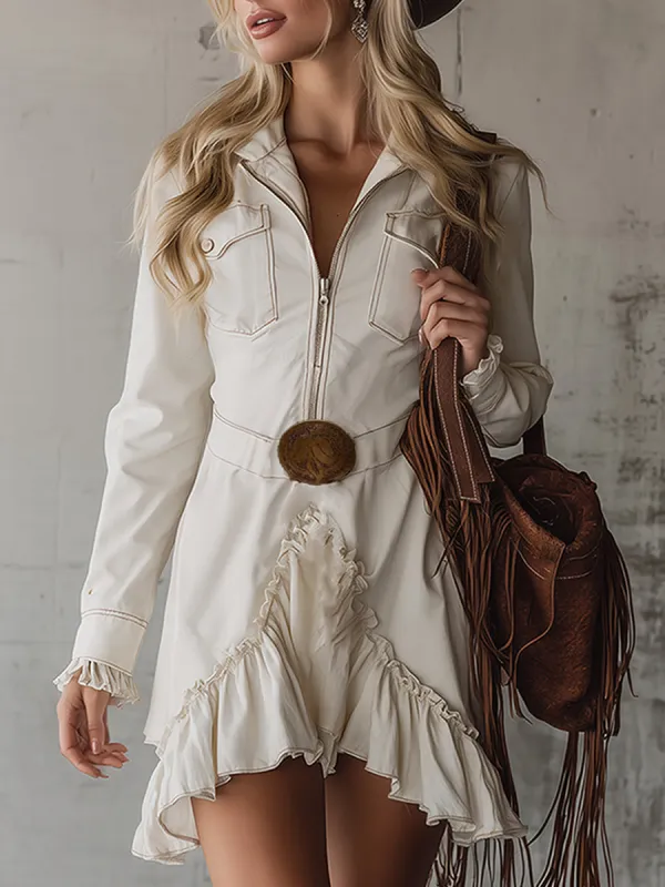 Retro And Stylish Lapel Collar Zip-up Ruffled Off-white Mini Dress sold by Oyrosy