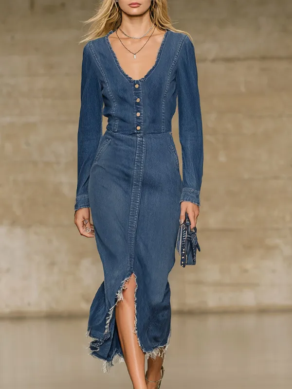 Elegant V-neck Button-down Frayed Denim Long-sleeved Midi Dress sold by Oyrosy