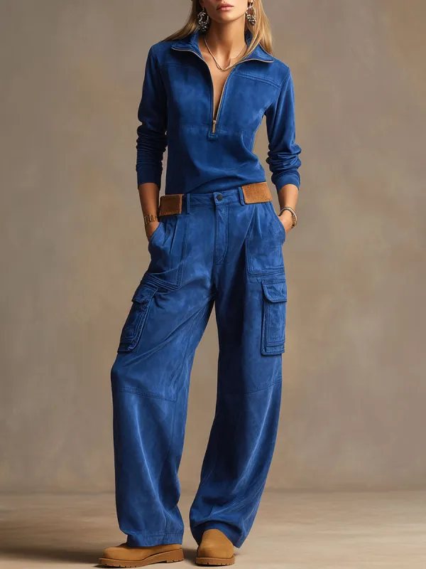 Western Retro Royal Blue Faux Suede Half-zip Work Pants And Top Set sold by Oyrosy