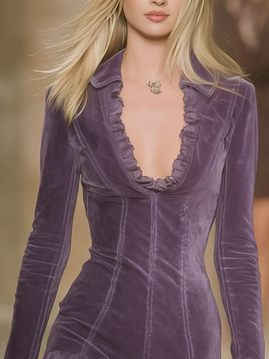 Vintage High-quality Faux Suede Long-sleeved Mini Dress With Ruffle Details sold by Oyrosy product image thumbnail 3