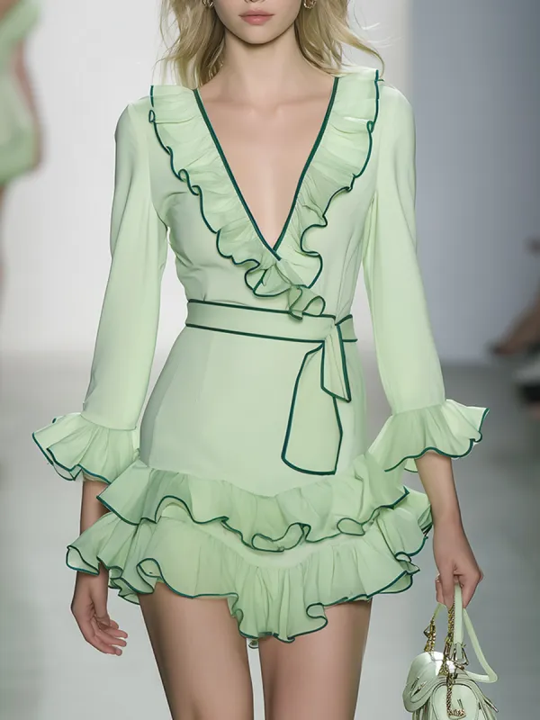 Elegant V-neck Ruffled Chiffon Mini Dress sold by Oyrosy