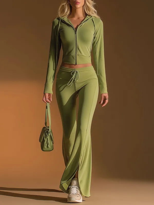 A Casual And Comfortable Green Hooded Zip-up Top And Trousers Set sold by Oyrosy