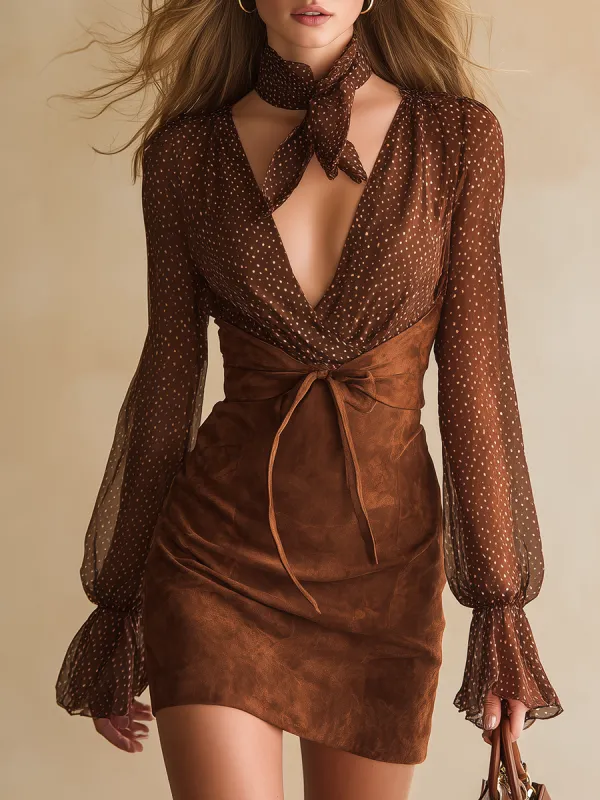 Stylish Retro Charming Chiffon And Faux Suede Patchwork Mini Dress sold by Oyrosy