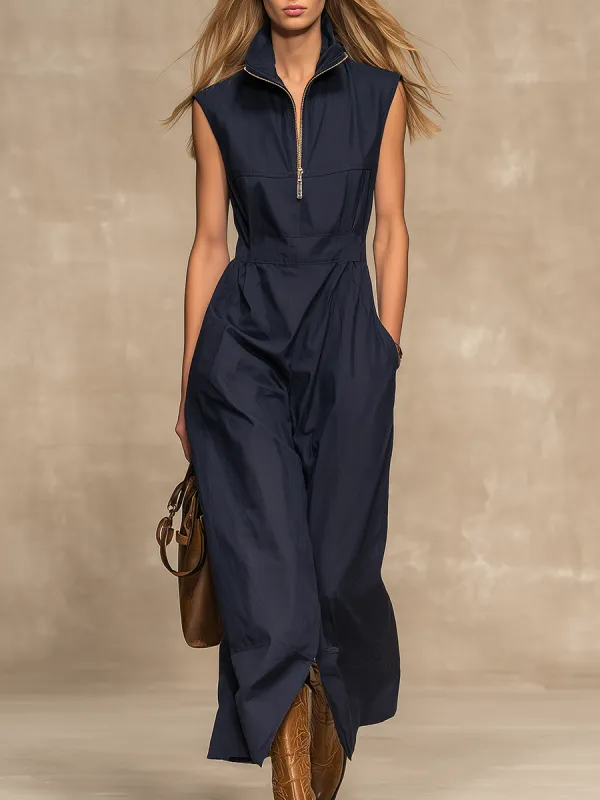 Retro Casual Zipper Stand Collar Sleeveless Midi Dress sold by Oyrosy
