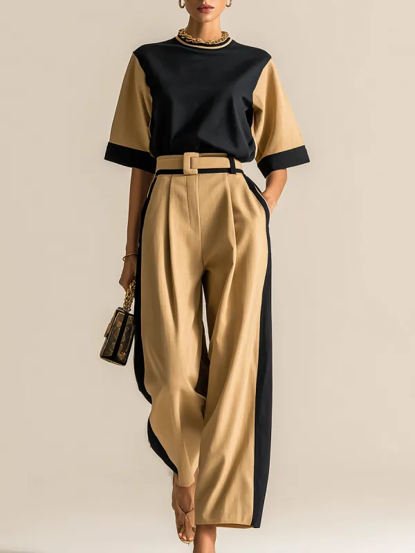 Elegant Retro-style Color-blocked Short-sleeved T-shirt And Wide-leg Pants Set sold by Oyrosy
